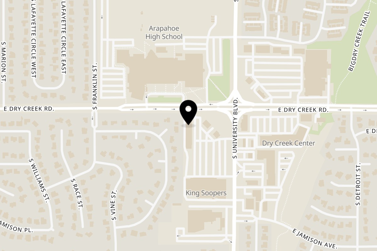 Map showing the location of Shawarma Mediterranean Grill on 7527 S University Blvd in Centennial